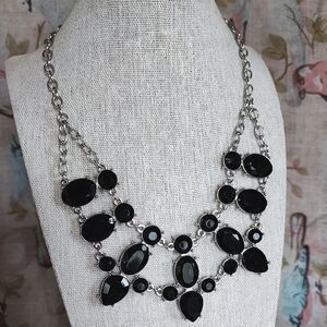 Silver Tone Faceted Jet Black Lucite Acrylic Statement Necklace Unsigned